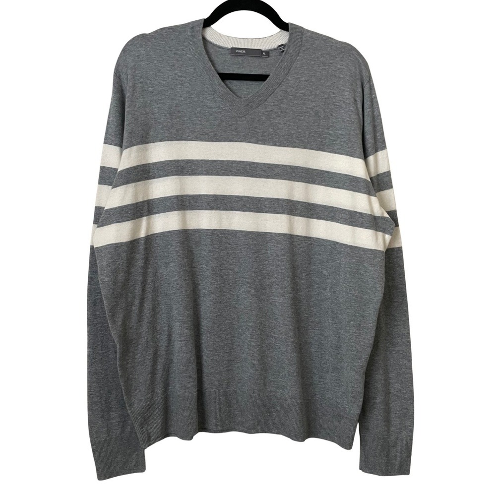 Vince Sweater Mens XL Gray White Striped Knit Long Sleeve V-Neck Pullover Preppy